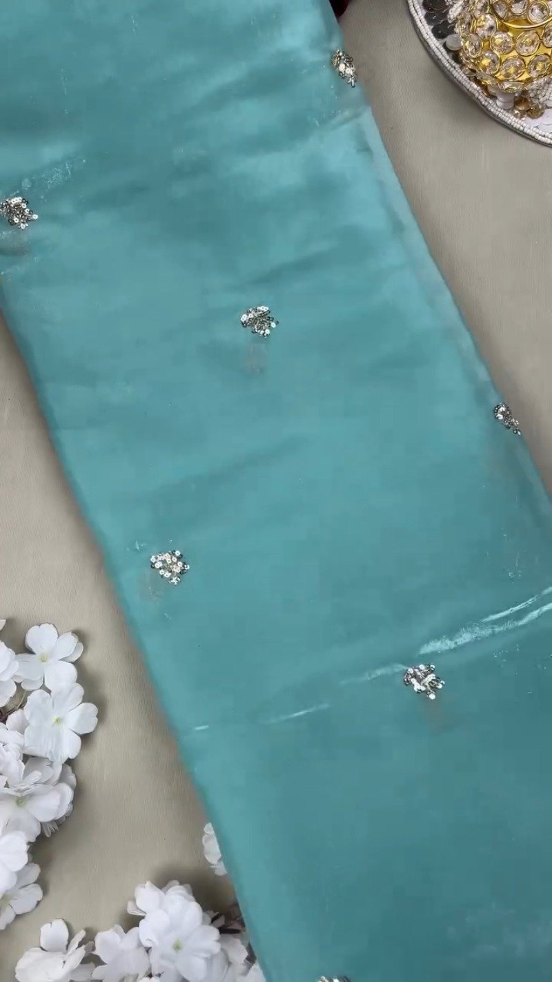 Enchanting Sequin-Embellished Organza Saree & Matching Embroidered Blouse Set – Available in Aqua Blue & Deep Navy - Image 3