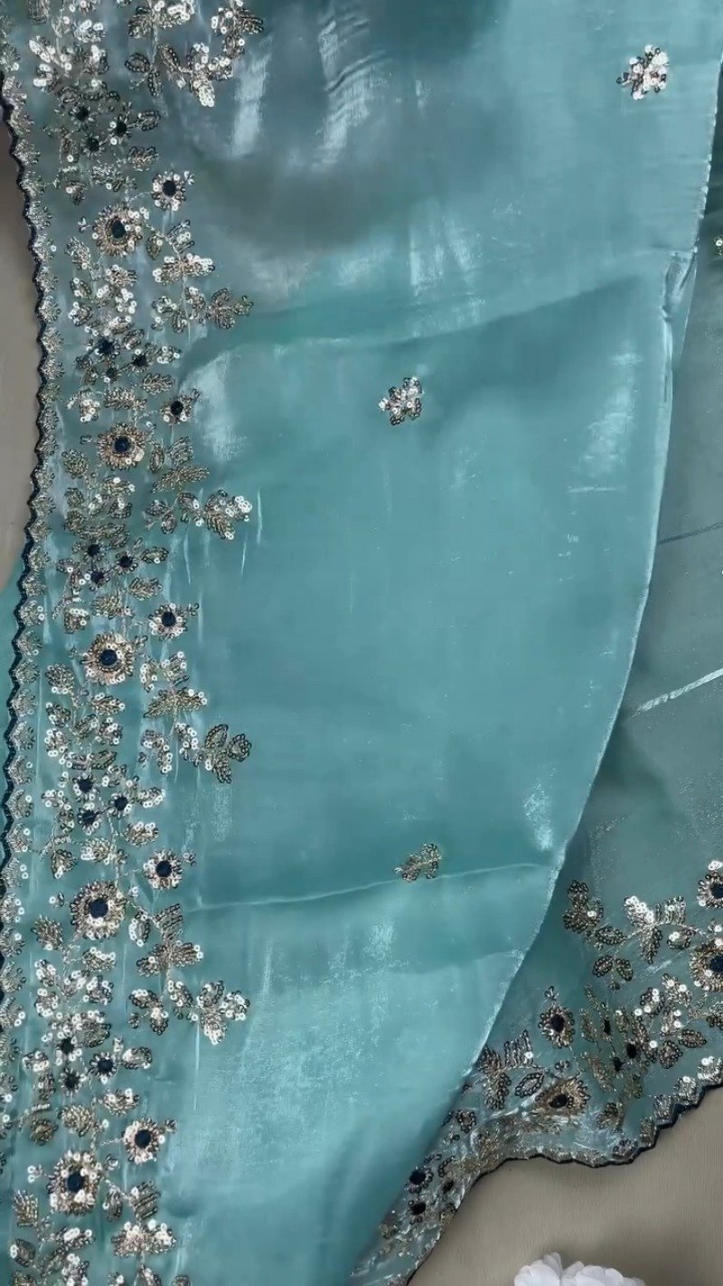 Enchanting Sequin-Embellished Organza Saree & Matching Embroidered Blouse Set – Available in Aqua Blue & Deep Navy - Image 4