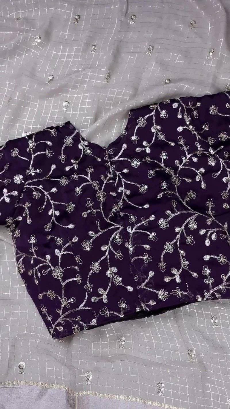 Midnight Plum & Oyster Grey Floral Embroidered Saree Set – Available in Deep Plum & Metallic Grey - Image 4