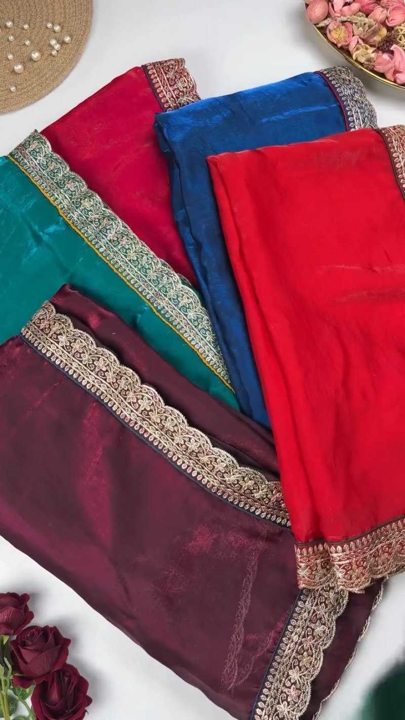 Royal Velvet Embroidered Blouse and Shimmer Saree Ensemble – Available in Wine, Midnight Blue, Emerald Green, Mustard Yellow & Red