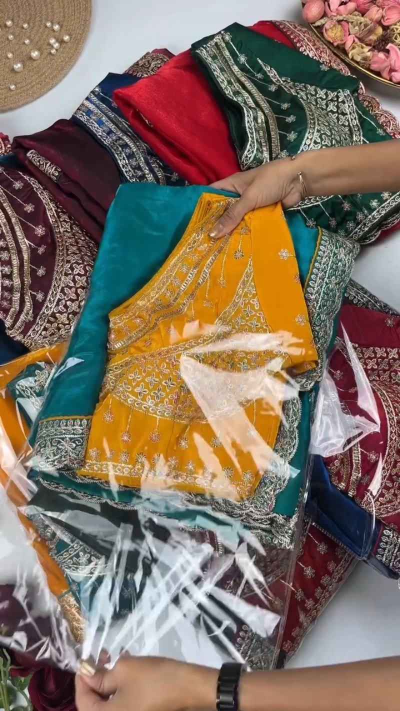 Royal Velvet Embroidered Blouse and Shimmer Saree Ensemble – Available in Wine, Midnight Blue, Emerald Green, Mustard Yellow & Red - Image 2