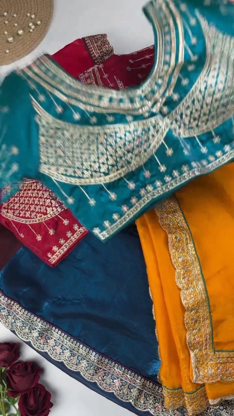 Royal Velvet Embroidered Blouse and Shimmer Saree Ensemble – Available in Wine, Midnight Blue, Emerald Green, Mustard Yellow & Red - Image 3