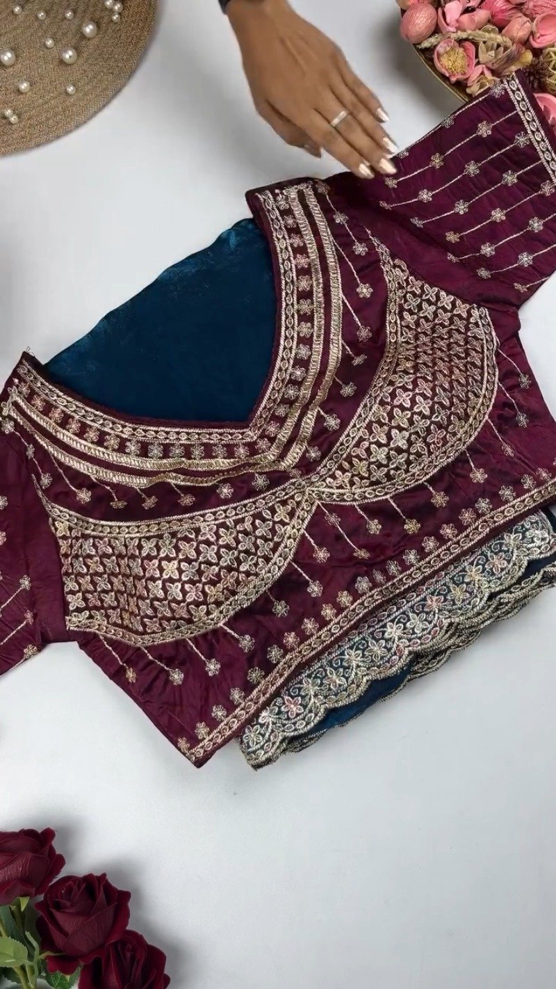 Royal Velvet Embroidered Blouse and Shimmer Saree Ensemble – Available in Wine, Midnight Blue, Emerald Green, Mustard Yellow & Red - Image 4
