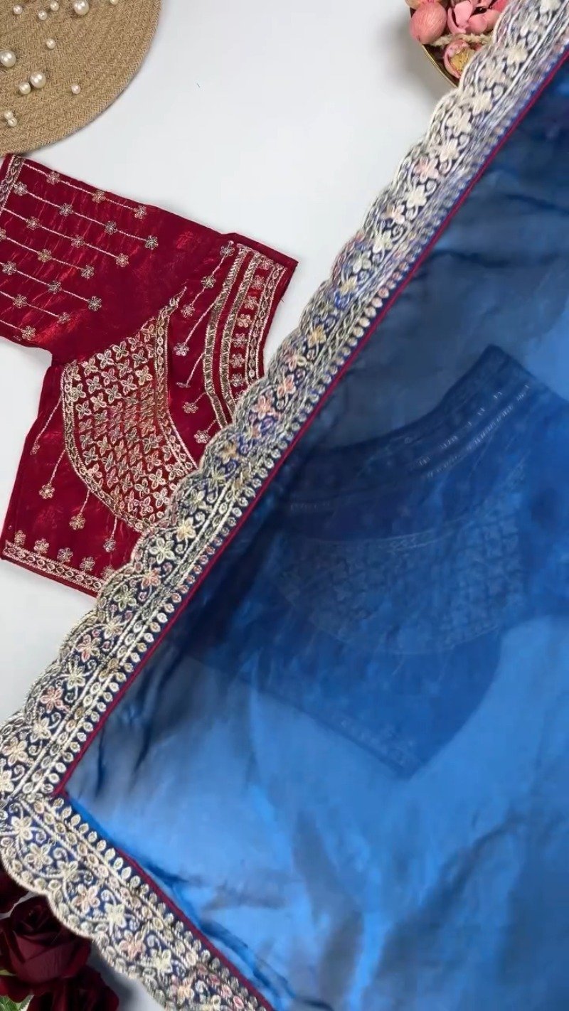 Royal Velvet Embroidered Blouse and Shimmer Saree Ensemble – Available in Wine, Midnight Blue, Emerald Green, Mustard Yellow & Red - Image 5