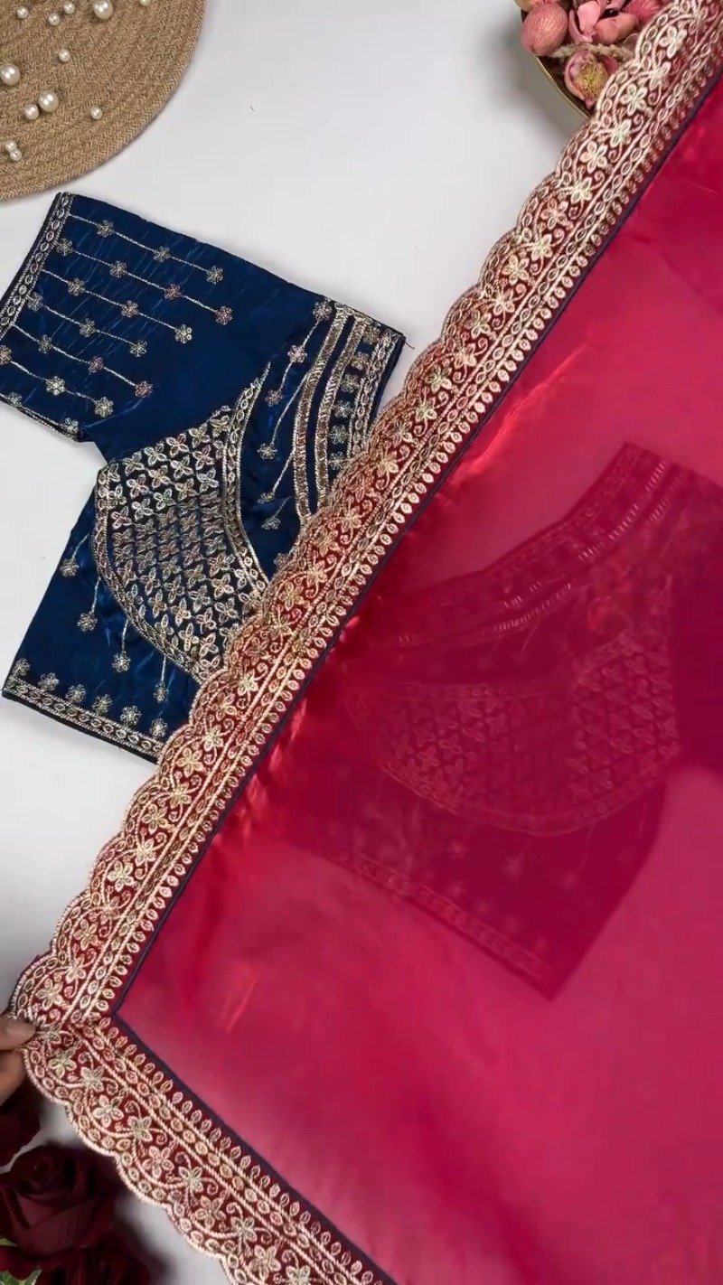 Royal Velvet Embroidered Blouse and Shimmer Saree Ensemble – Available in Wine, Midnight Blue, Emerald Green, Mustard Yellow & Red - Image 6
