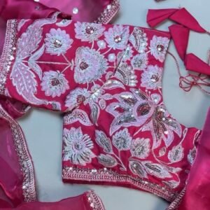 Magenta Floral Embroidered Organza Saree Set with Embellished Blouse