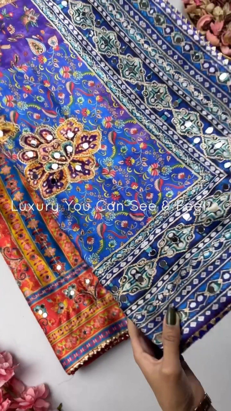Opulent Mirror-Embellished Patchwork Lehenga Set – Available in Royal Blue & Sunset Orange