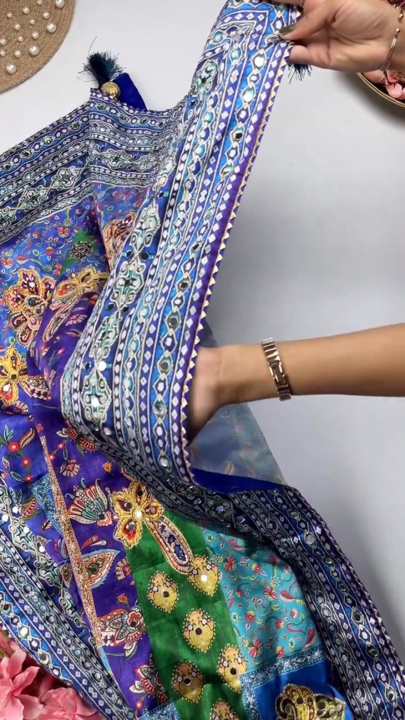 Opulent Mirror-Embellished Patchwork Lehenga Set – Available in Royal Blue & Sunset Orange - Image 2