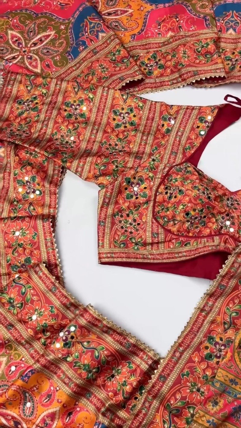 Opulent Mirror-Embellished Patchwork Lehenga Set – Available in Royal Blue & Sunset Orange - Image 4