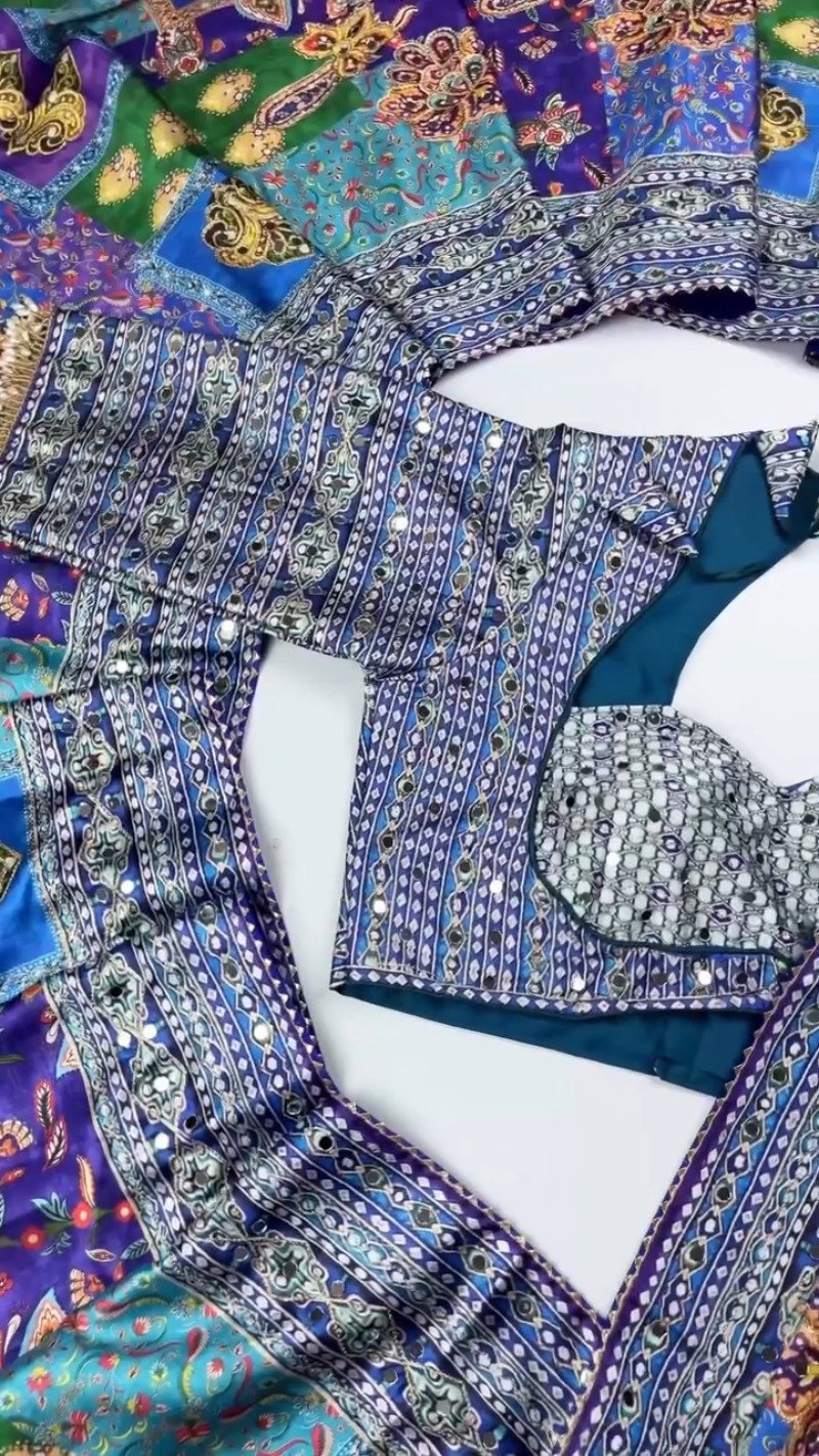 Opulent Mirror-Embellished Patchwork Lehenga Set – Available in Royal Blue & Sunset Orange - Image 5