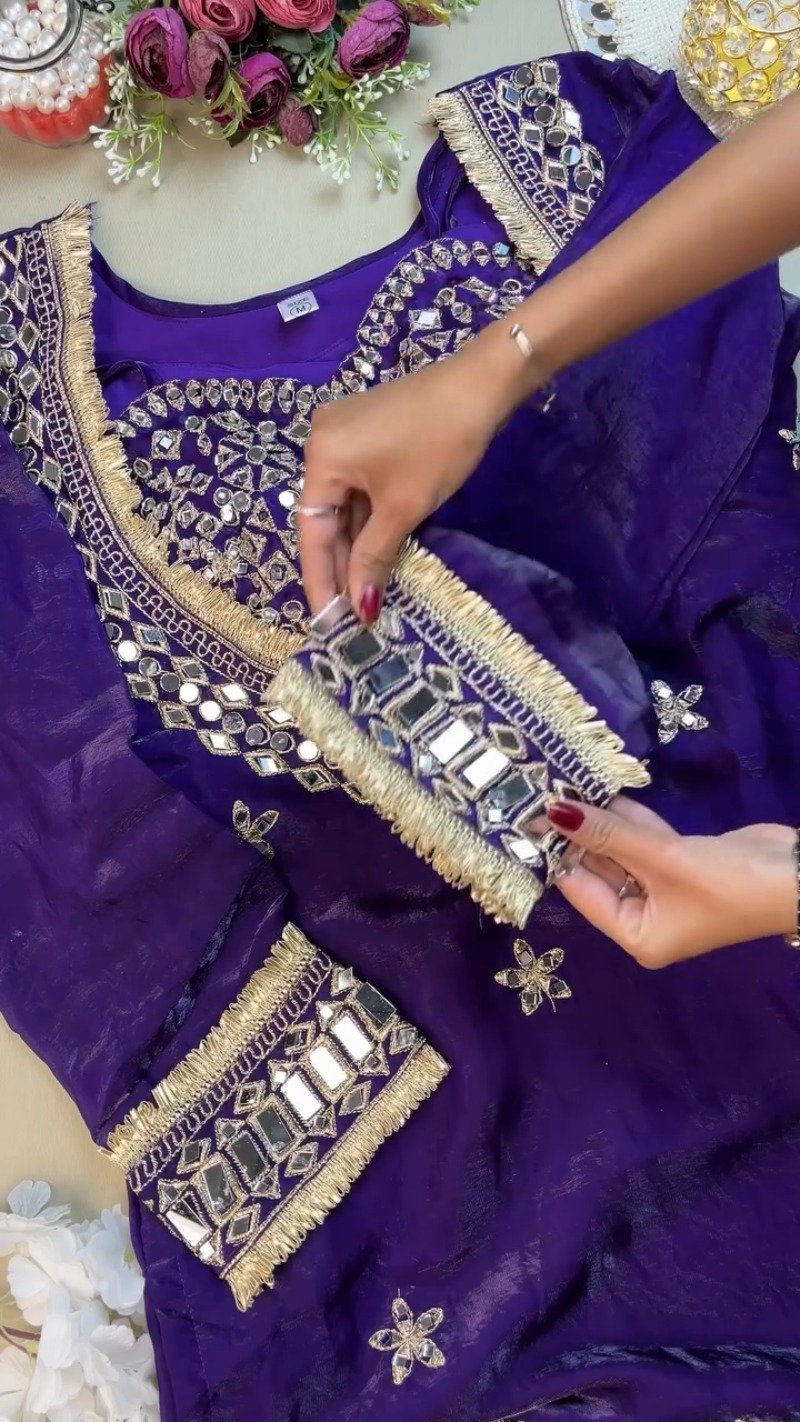 Royal Purple Mirror-Work Handcrafted Festive Kurta - Image 3
