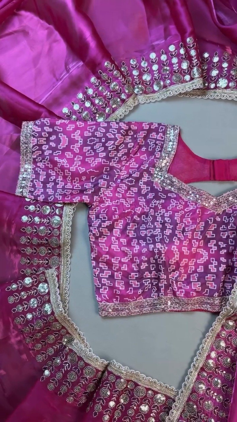 Magenta Georgette Geometric-Print Saree & Designer Blouse Ensemble