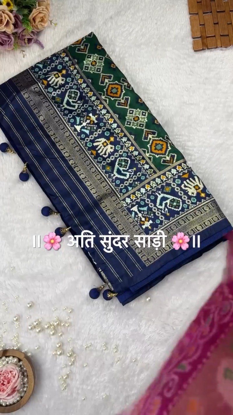Regal Patola-Style Woven Silk Saree with Traditional Tassels – Available in Mint Green, Deep Grey, Soft Pink & Forest Green - Image 3