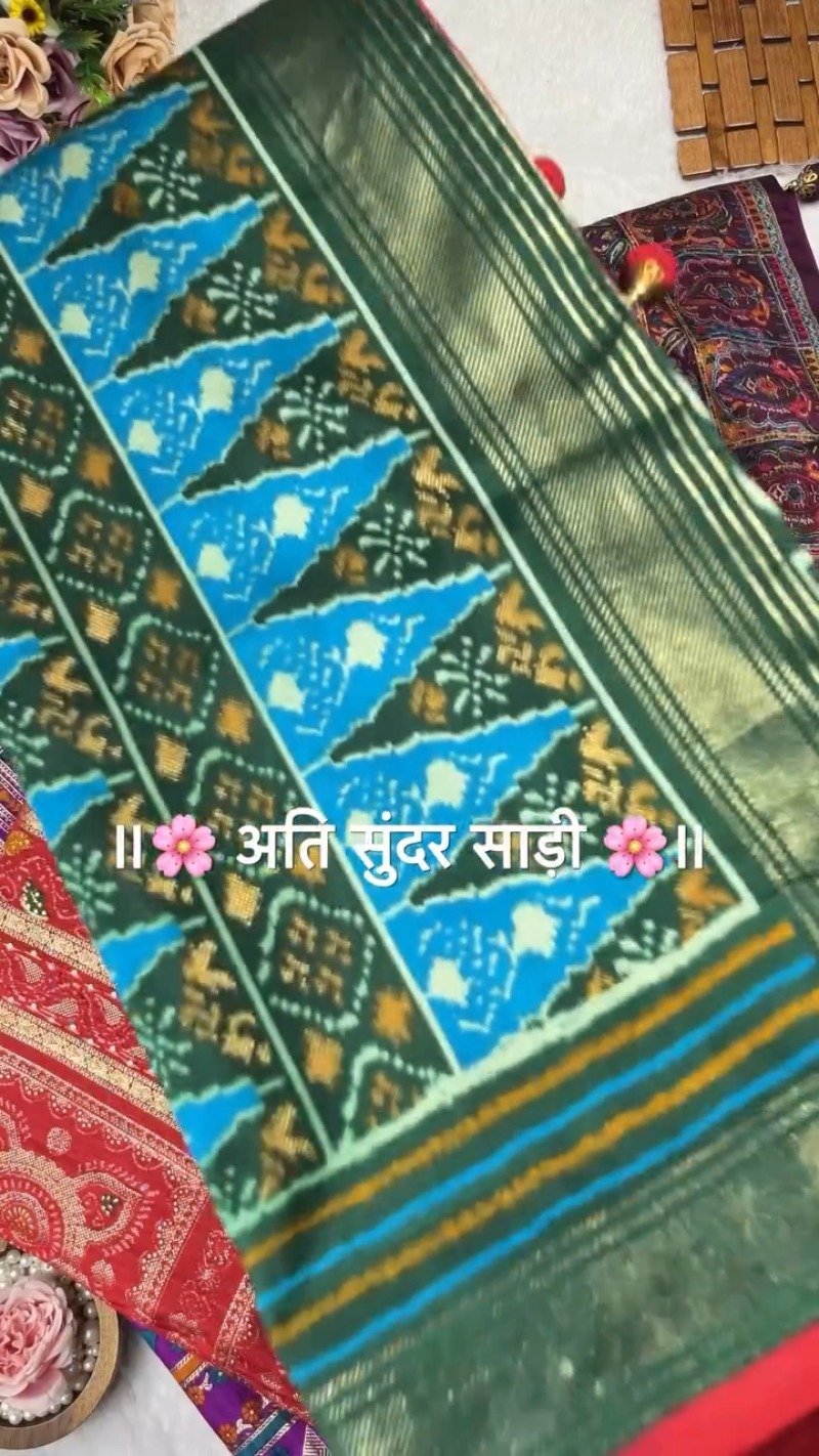 Regal Patola-Style Woven Silk Saree with Traditional Tassels – Available in Mint Green, Deep Grey, Soft Pink & Forest Green - Image 4