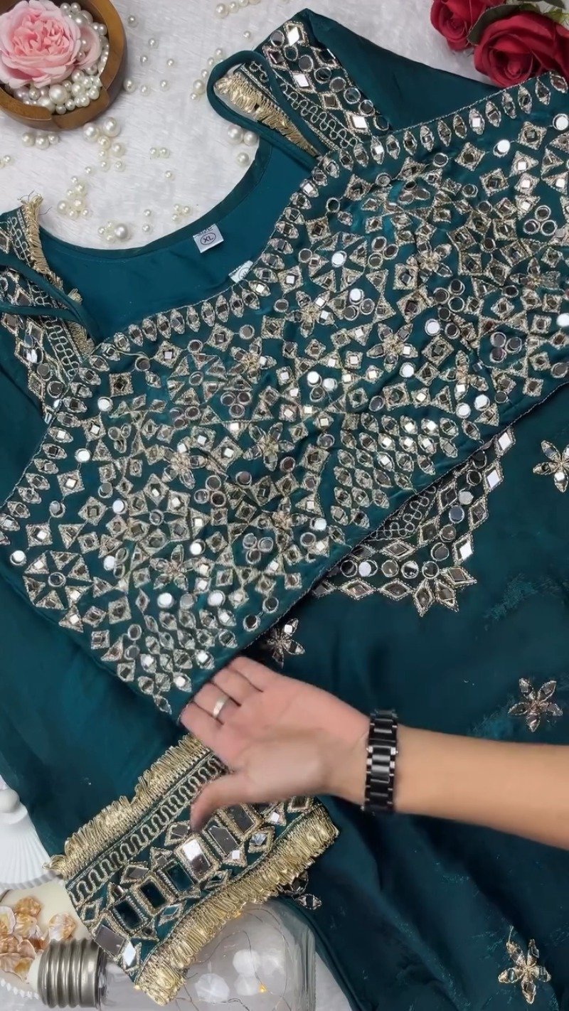 Enchanting Deep Teal Mirror-Work Kurta with Exquisite Gold Trim Details - Image 2