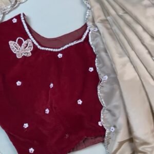 Enchanting Butterfly-Motif Velvet Blouse with Embellished Ruffle Saree – Available in Maroon & Champagne