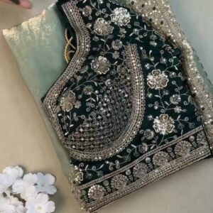 Emerald Green Velvet Blouse and Mint Shimmer Saree Set – A Dazzling Ethnic Ensemble