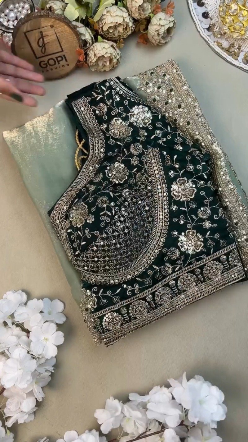 Emerald Green Velvet Blouse and Mint Shimmer Saree Set – A Dazzling Ethnic Ensemble