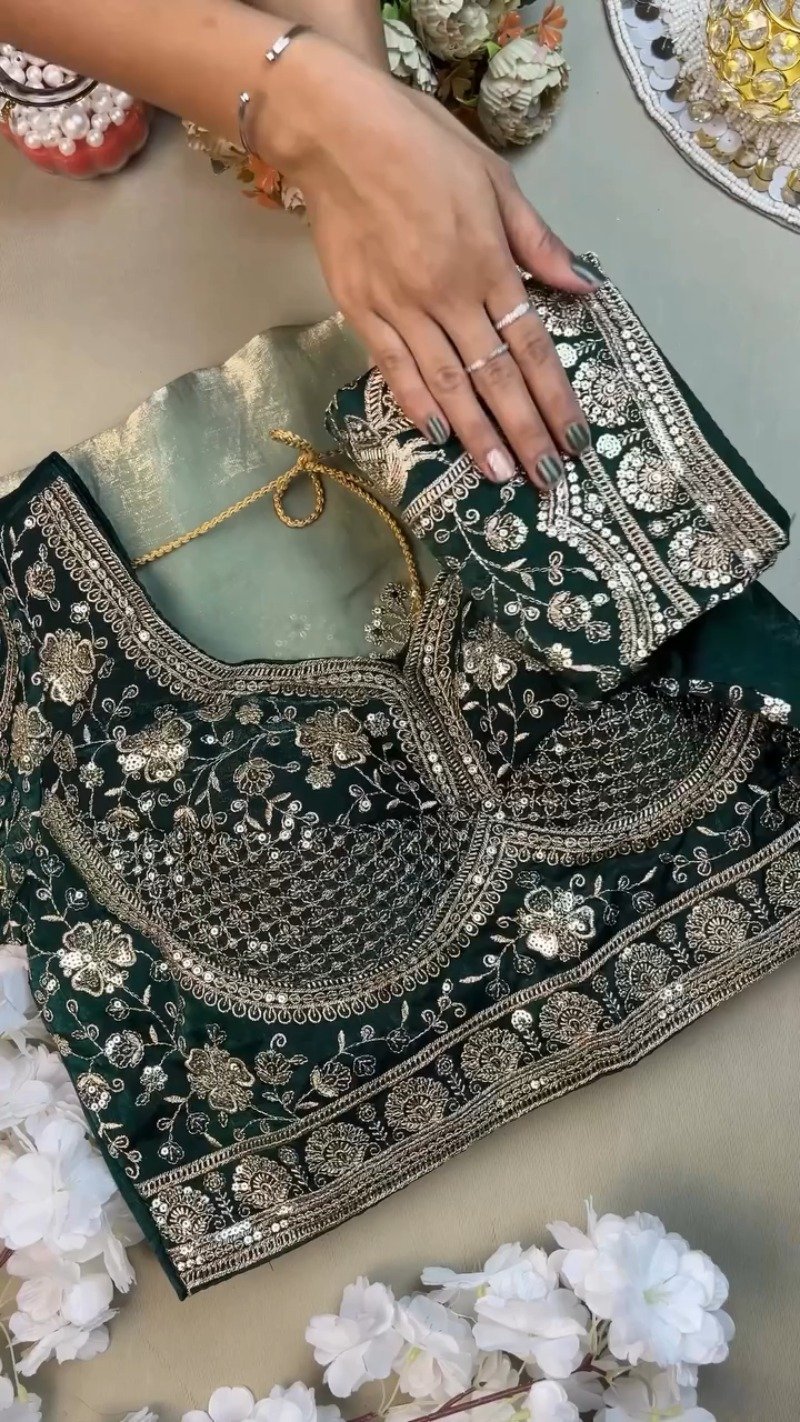 Emerald Green Velvet Blouse and Mint Shimmer Saree Set – A Dazzling Ethnic Ensemble - Image 2
