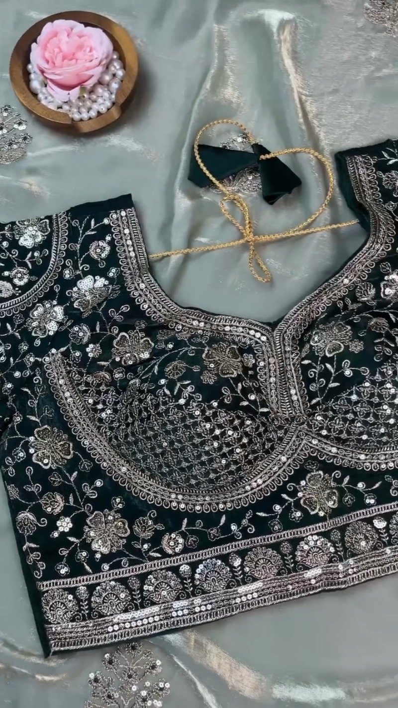 Emerald Green Velvet Blouse and Mint Shimmer Saree Set – A Dazzling Ethnic Ensemble - Image 8