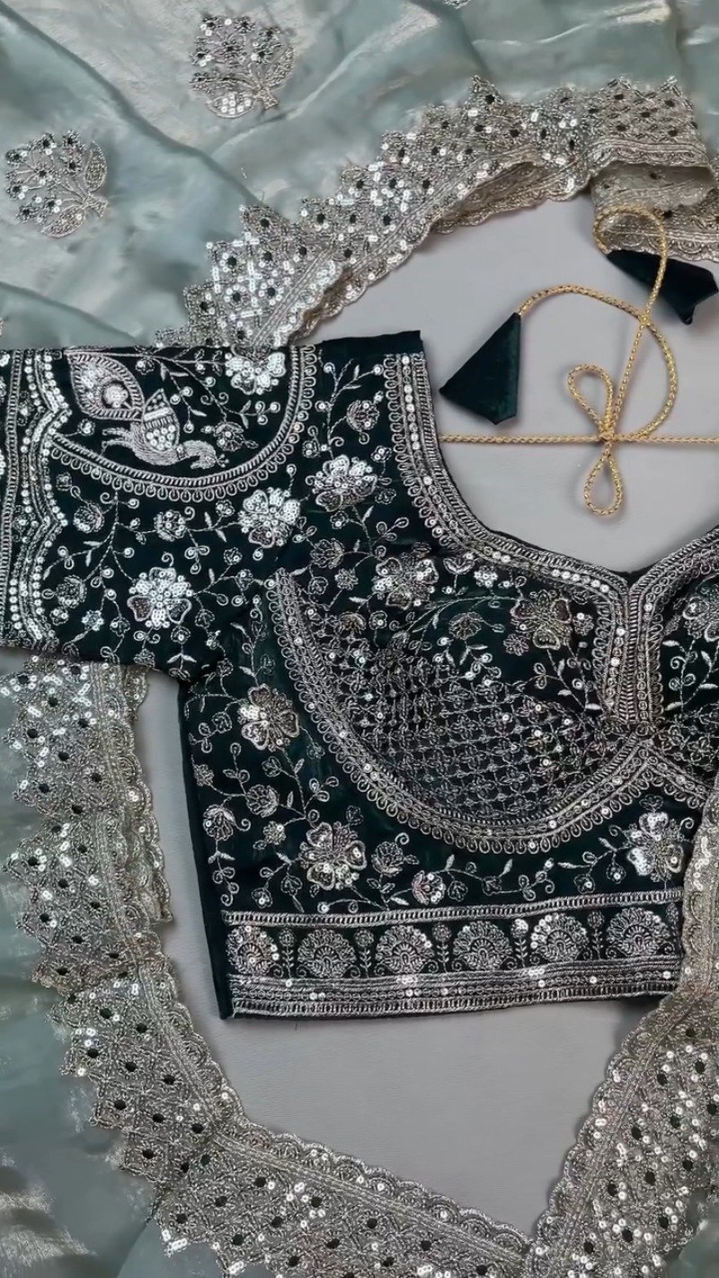 Emerald Green Velvet Blouse and Mint Shimmer Saree Set – A Dazzling Ethnic Ensemble - Image 9