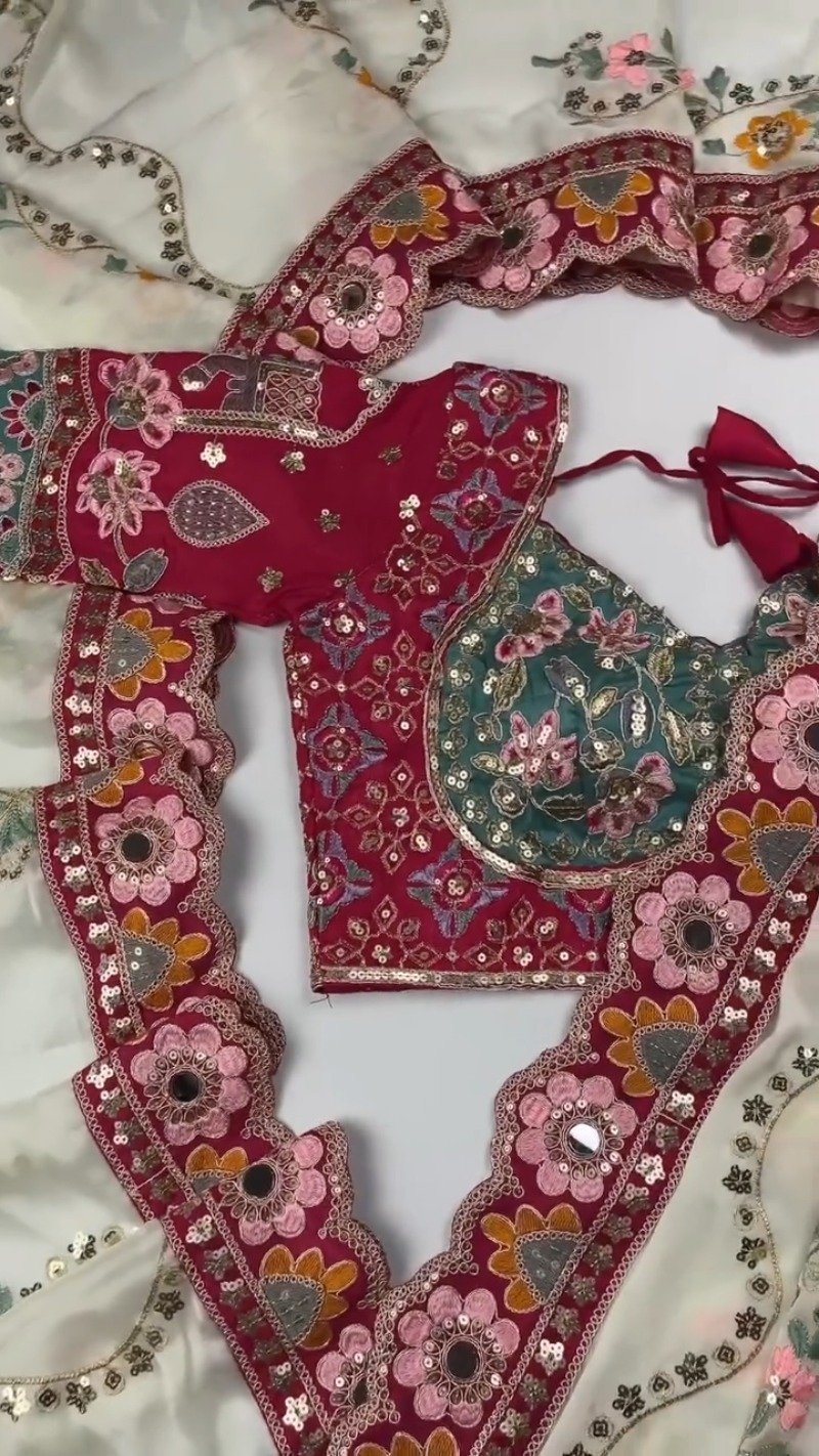 Artisanal Embroidered Saree Set with Mirror-Work Blouse – Available in Maroon & White