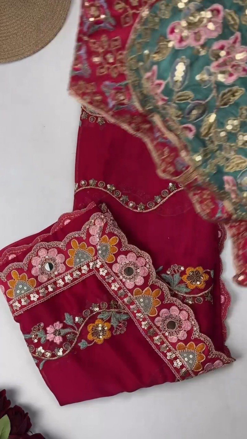 Artisanal Embroidered Saree Set with Mirror-Work Blouse – Available in Maroon & White - Image 2