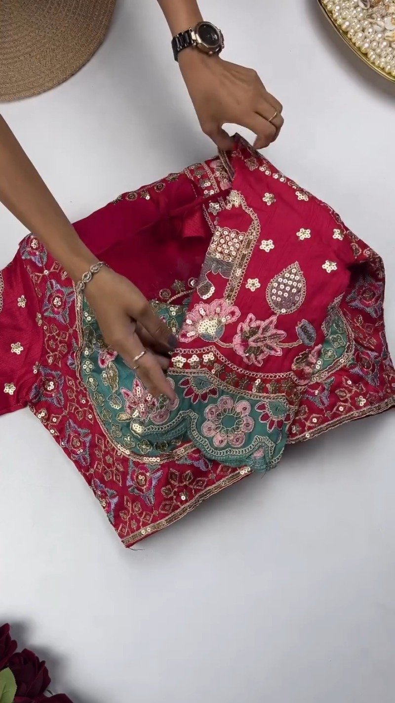 Artisanal Embroidered Saree Set with Mirror-Work Blouse – Available in Maroon & White - Image 3