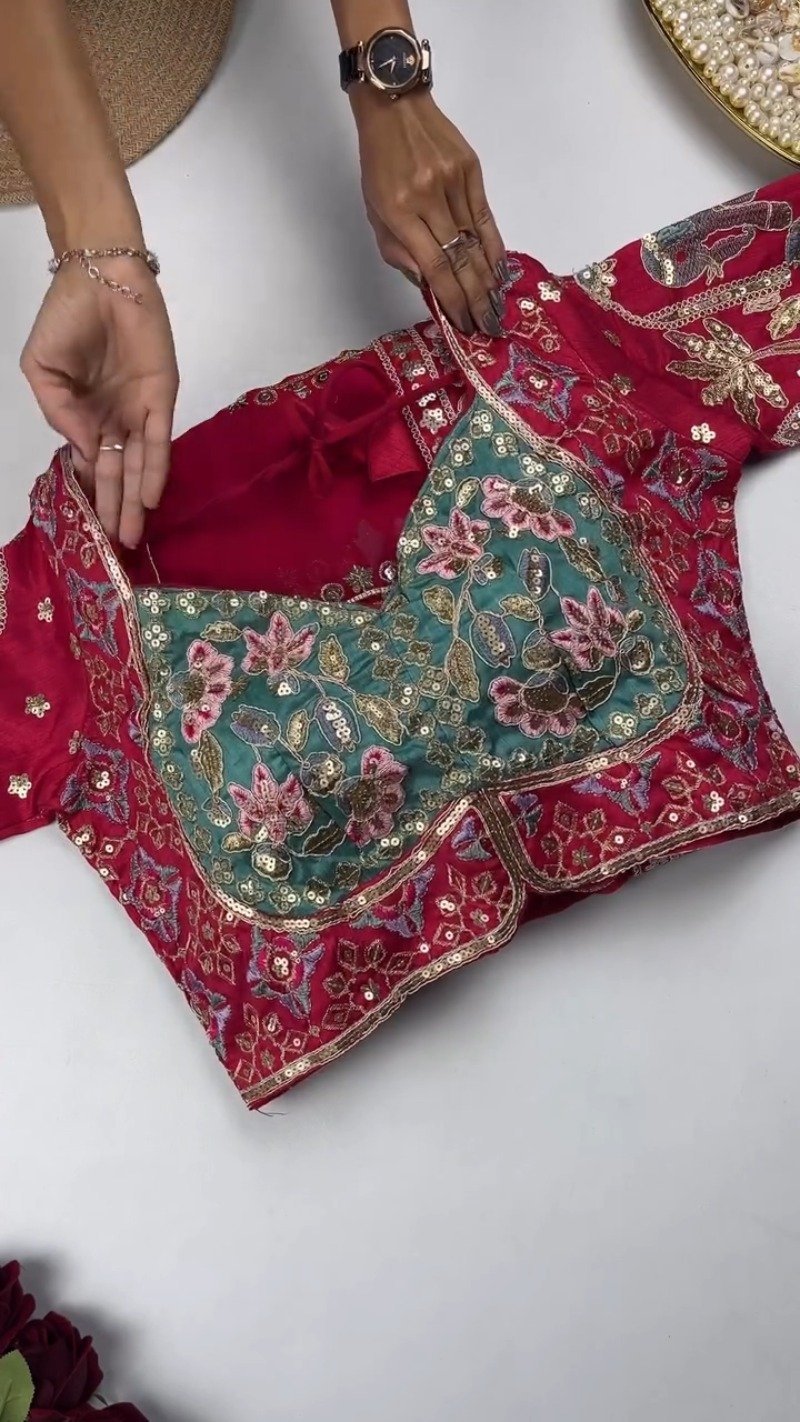 Artisanal Embroidered Saree Set with Mirror-Work Blouse – Available in Maroon & White - Image 4