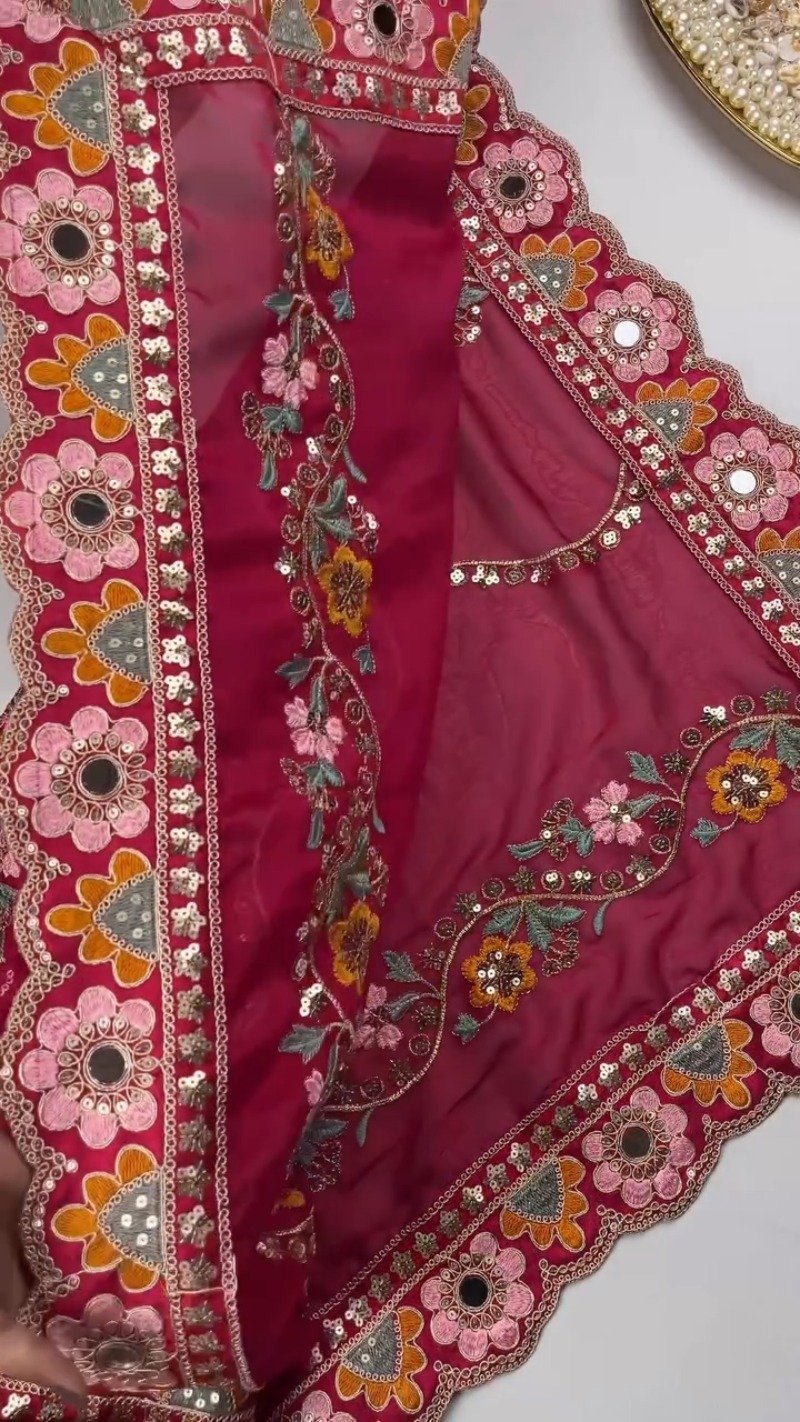 Artisanal Embroidered Saree Set with Mirror-Work Blouse – Available in Maroon & White - Image 5