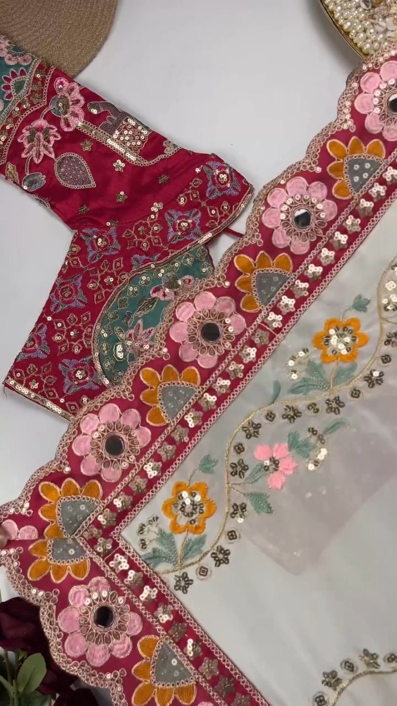 Artisanal Embroidered Saree Set with Mirror-Work Blouse – Available in Maroon & White - Image 6