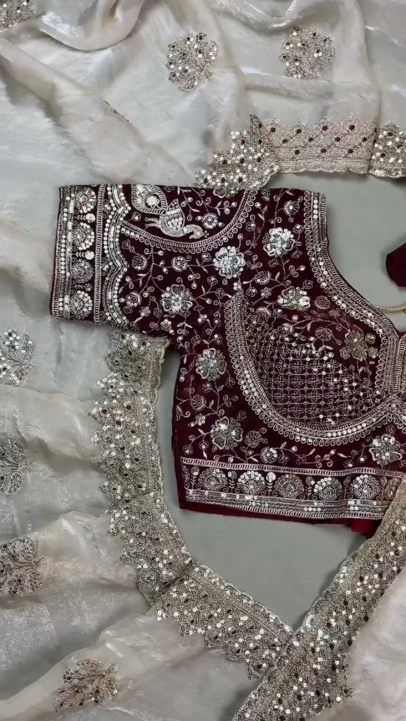Royal Maroon Velvet & Ivory Organza Festive Saree Set