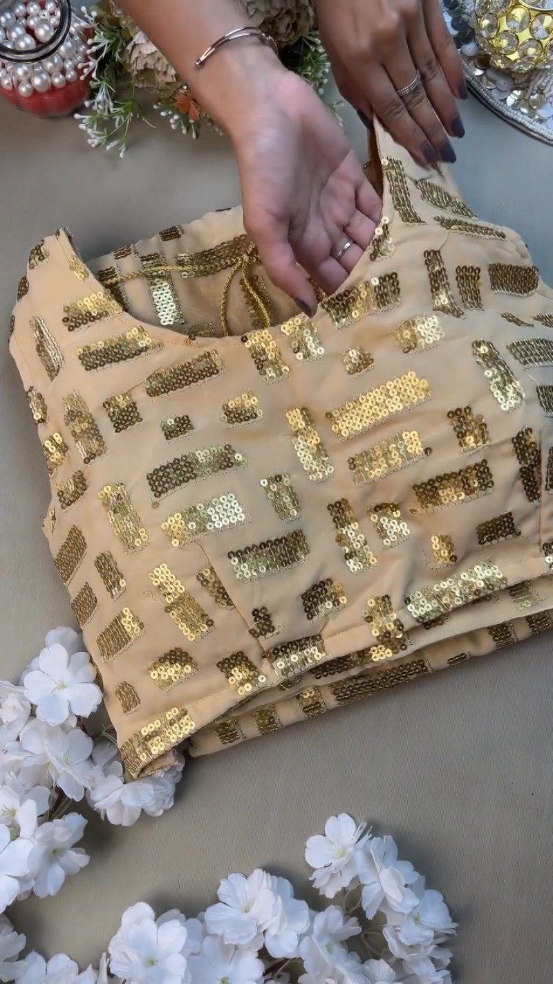 Luminous Champagne Sequin Geometric Saree and Blouse Set - Image 2
