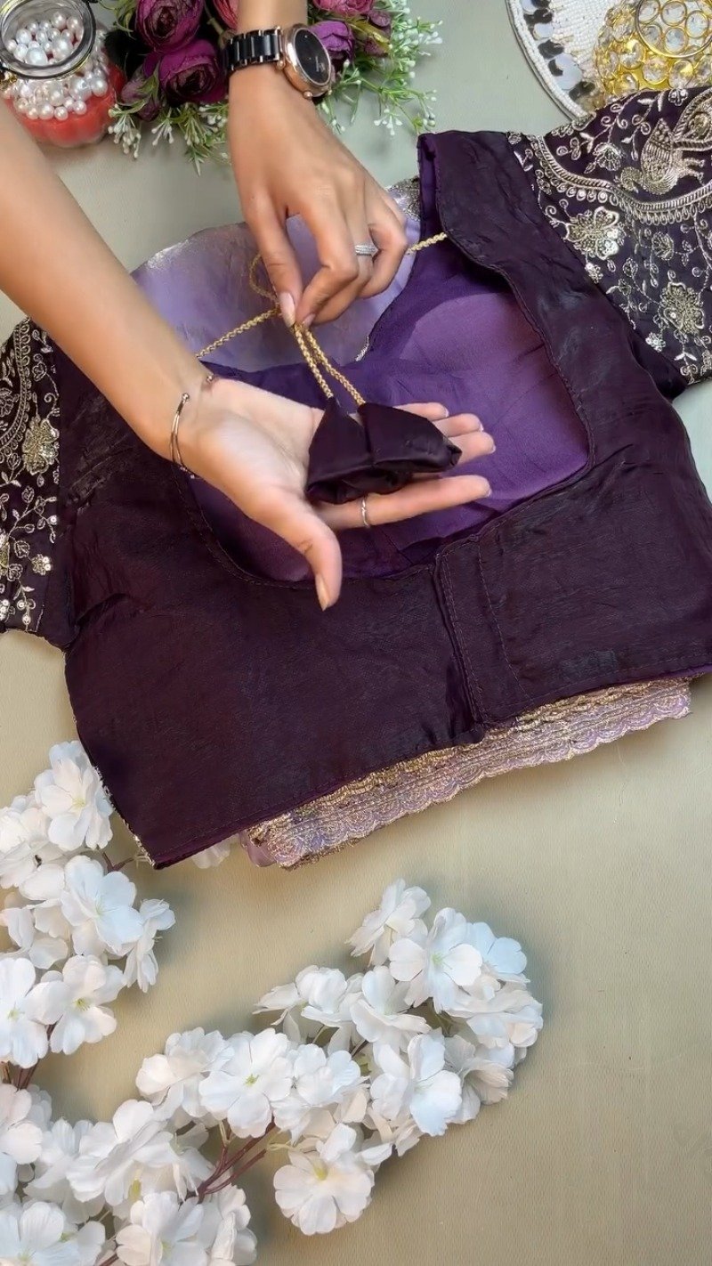 Royal Purple Elegance Embroidered Blouse and Saree Set - Image 4
