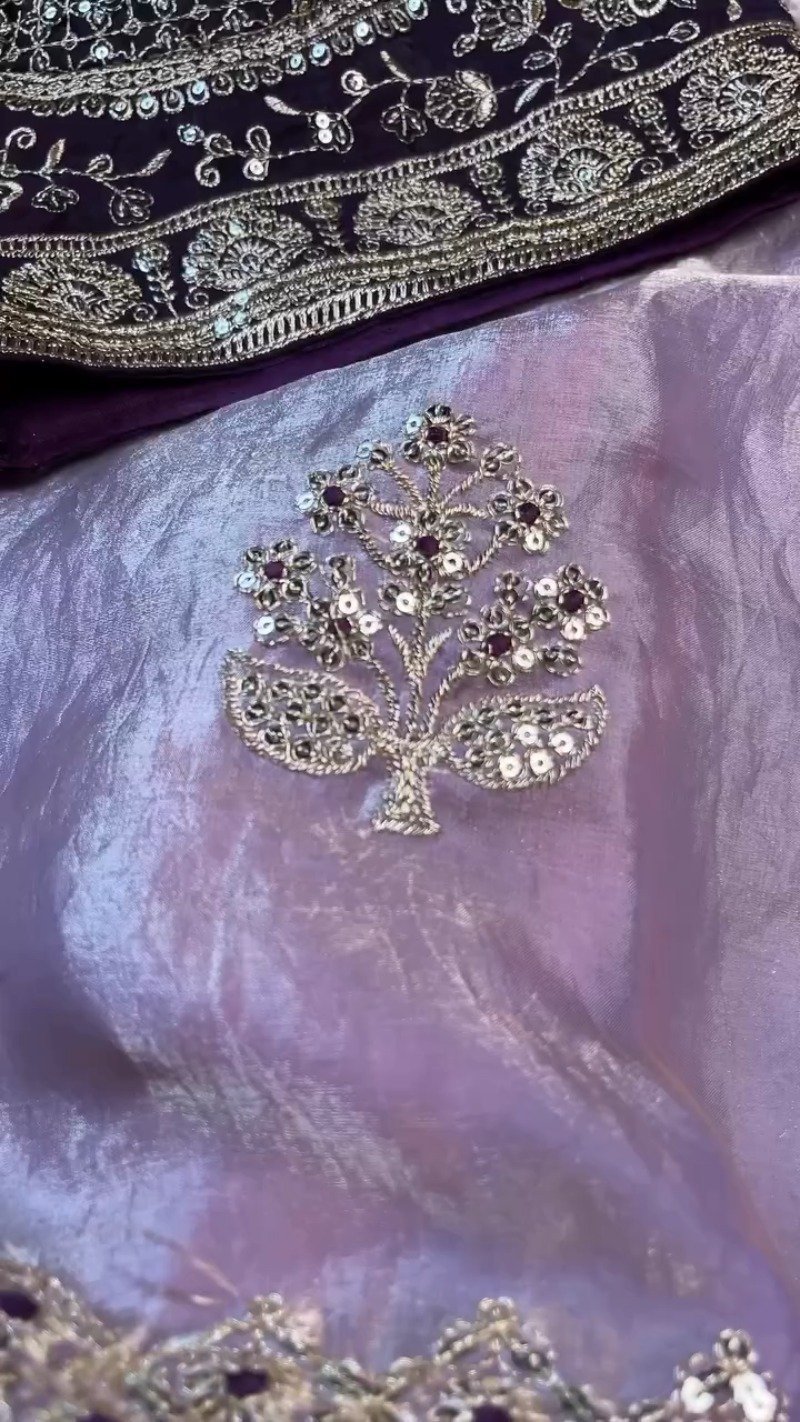 Royal Purple Elegance Embroidered Blouse and Saree Set - Image 6
