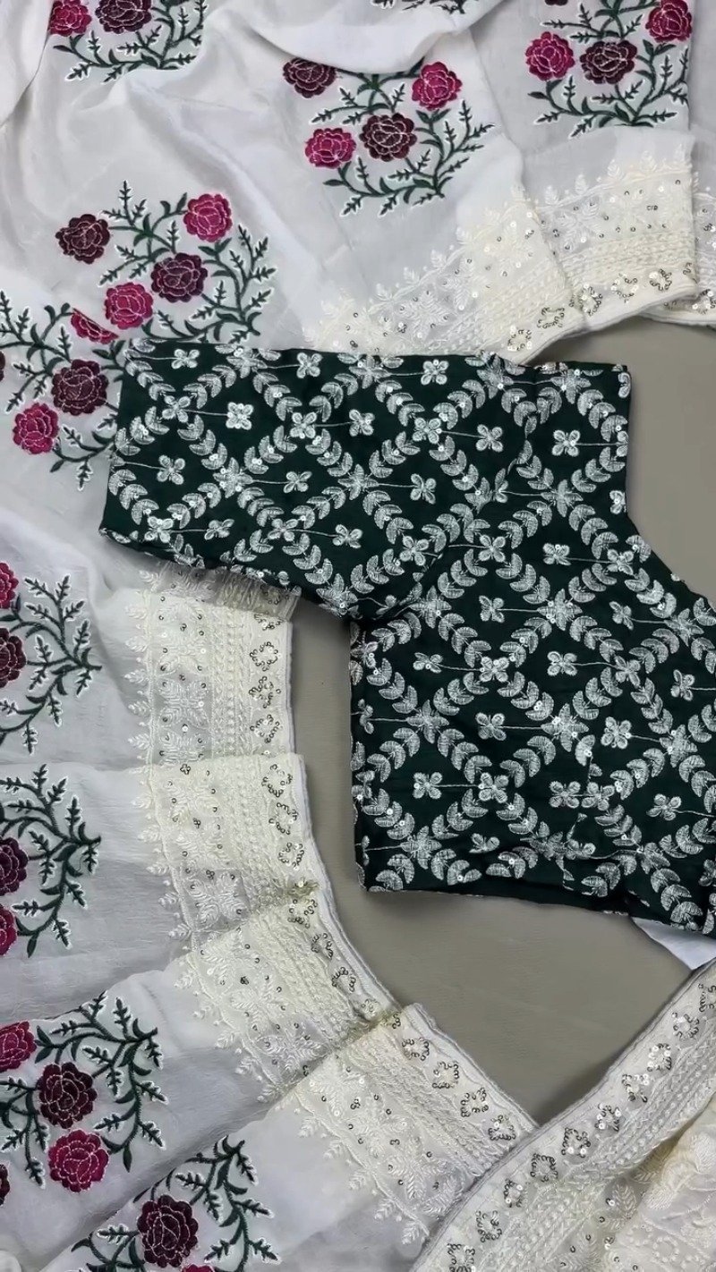 Enchanting Floral Embroidered Kurta Set with Sequin Detailing – Available in Emerald Green & Ivory White