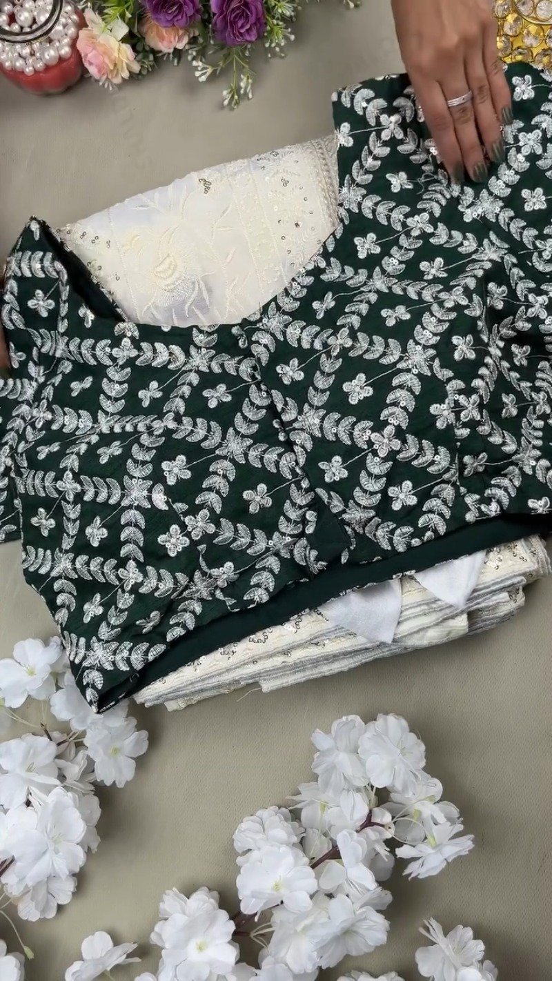 Enchanting Floral Embroidered Kurta Set with Sequin Detailing – Available in Emerald Green & Ivory White - Image 2