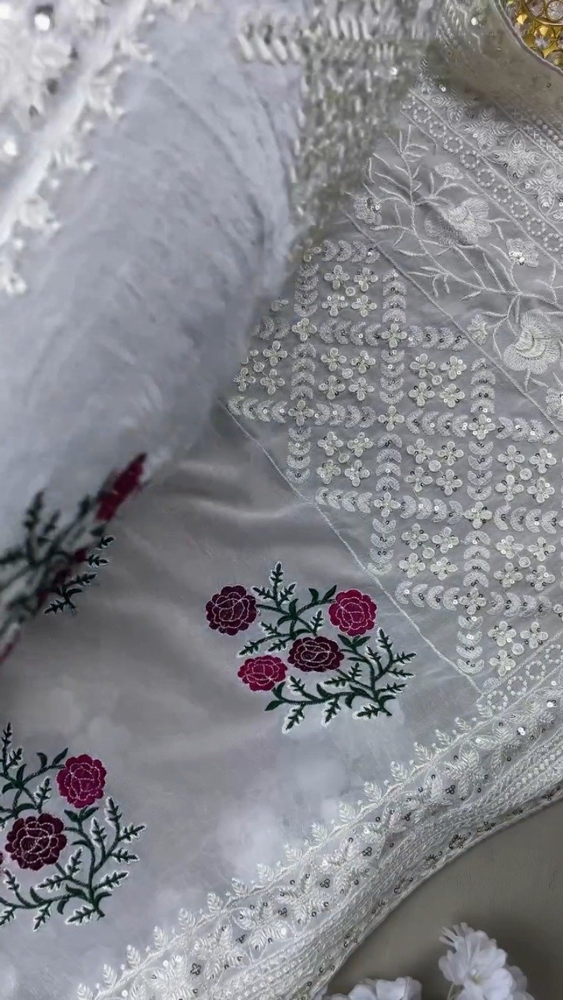 Enchanting Floral Embroidered Kurta Set with Sequin Detailing – Available in Emerald Green & Ivory White - Image 4