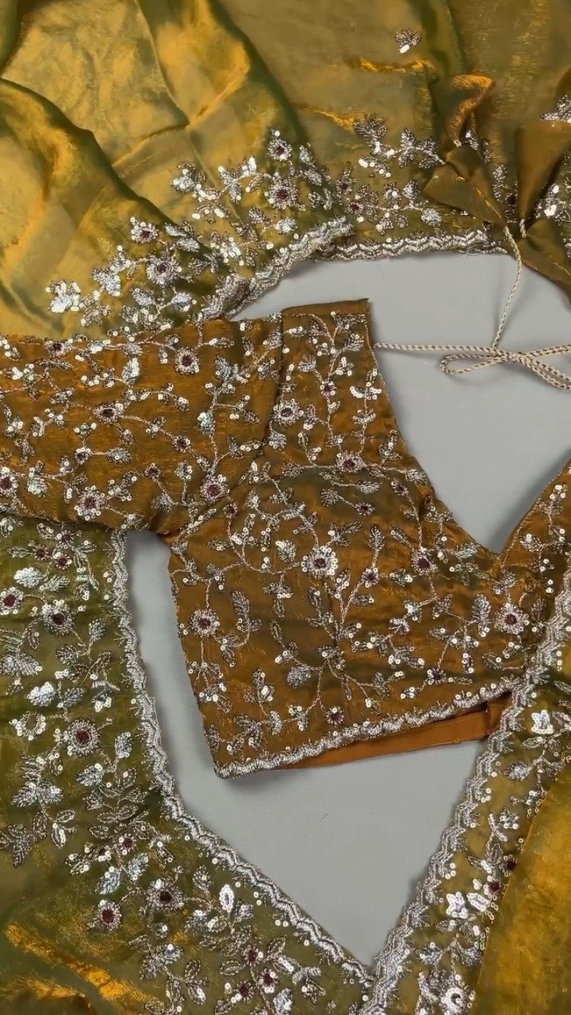 Enchanting Mustard Gold Sequined Organza Saree & Matching Embellished Blouse