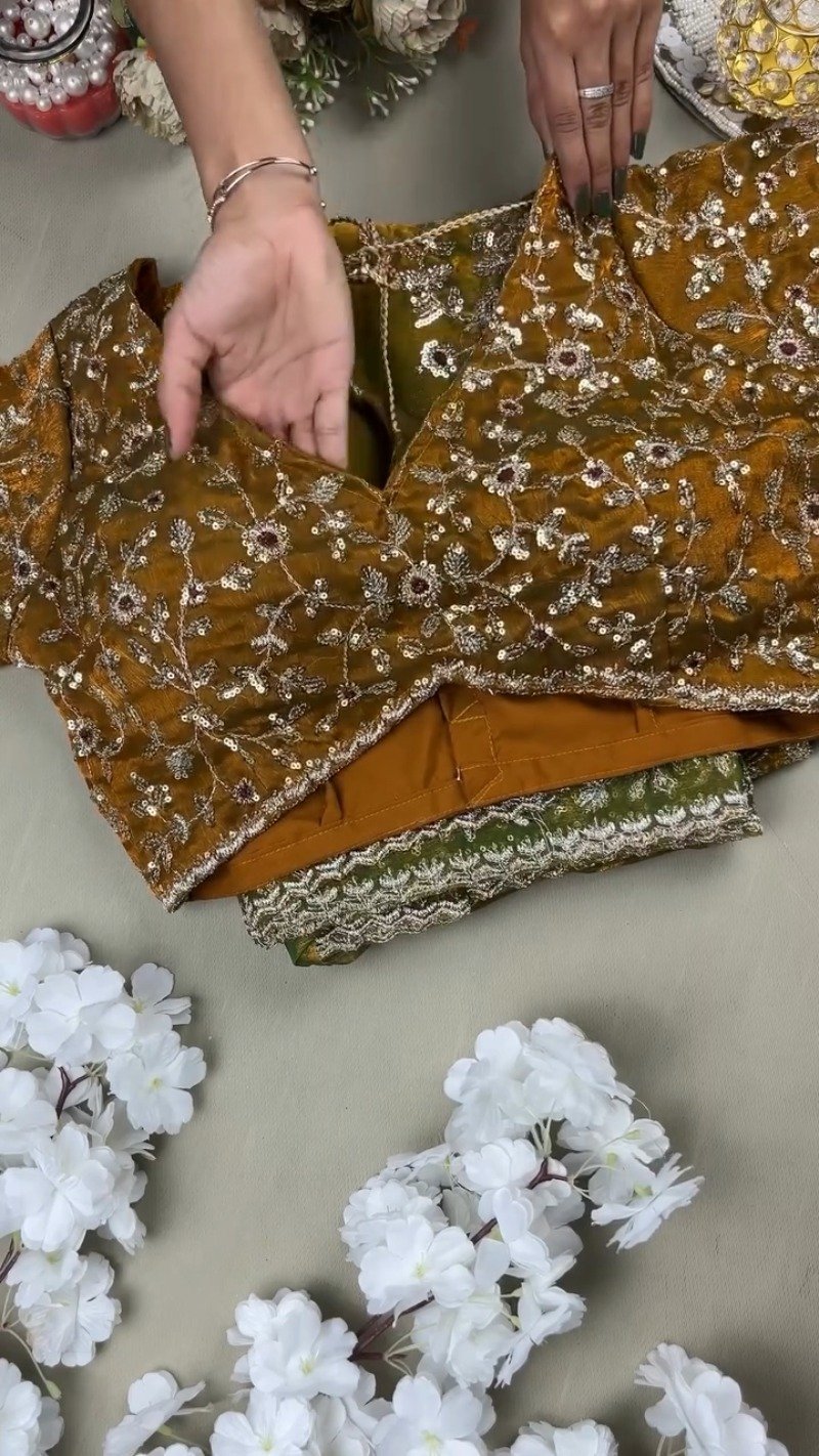 Enchanting Mustard Gold Sequined Organza Saree & Matching Embellished Blouse - Image 2