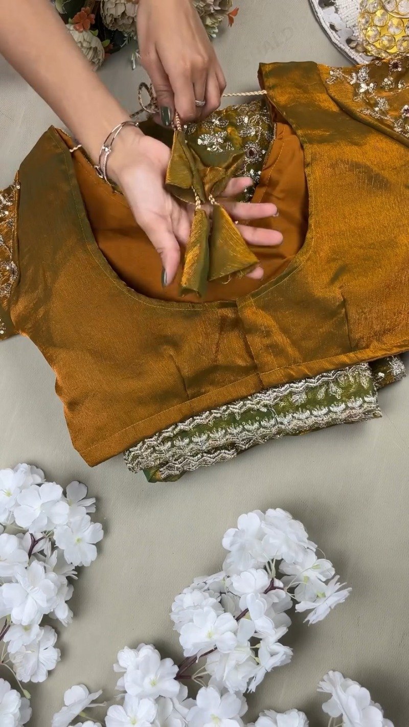 Enchanting Mustard Gold Sequined Organza Saree & Matching Embellished Blouse - Image 3