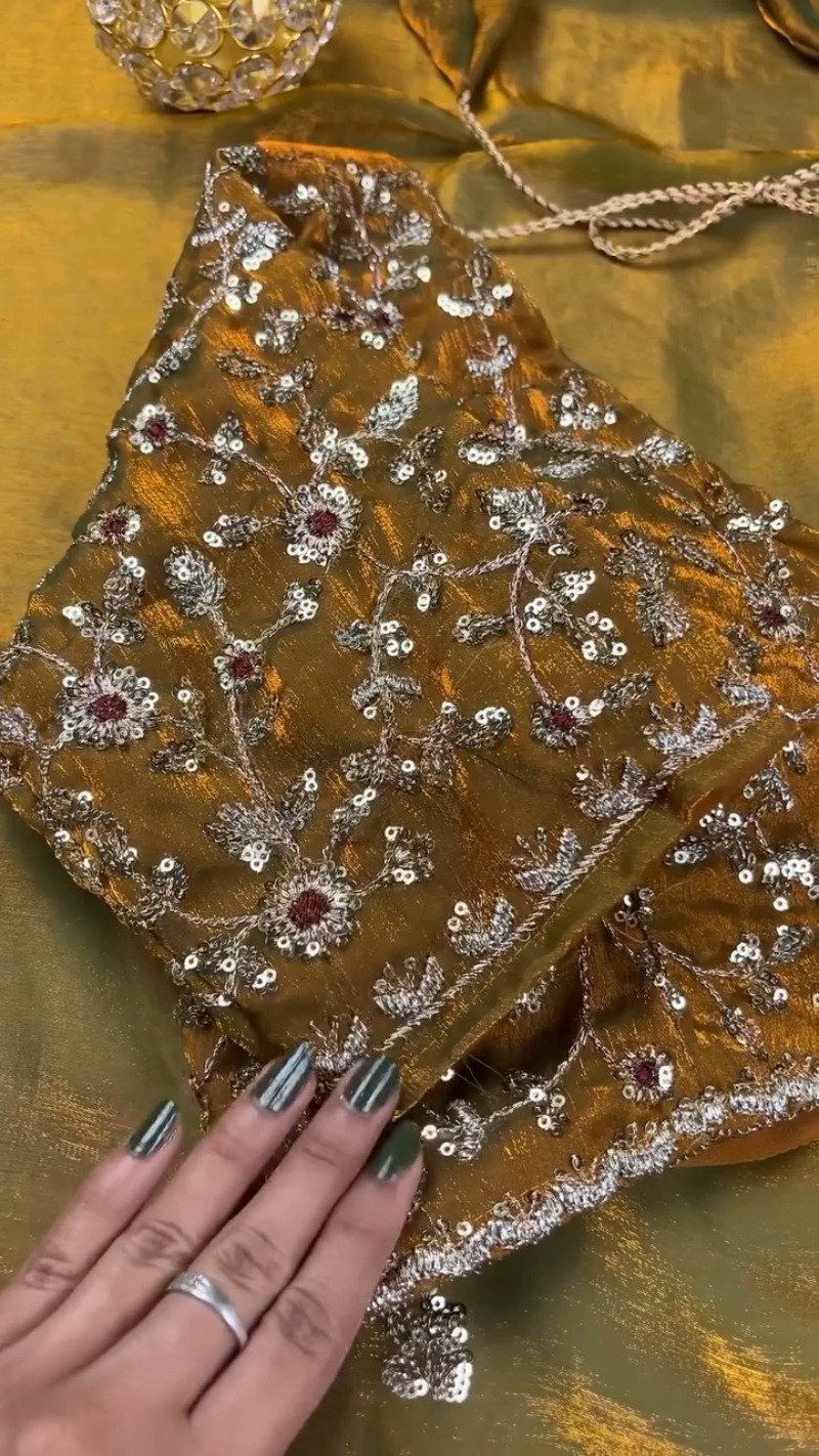 Enchanting Mustard Gold Sequined Organza Saree & Matching Embellished Blouse - Image 5