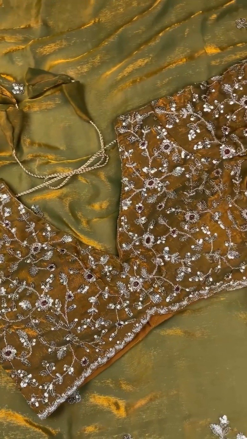 Enchanting Mustard Gold Sequined Organza Saree & Matching Embellished Blouse - Image 6