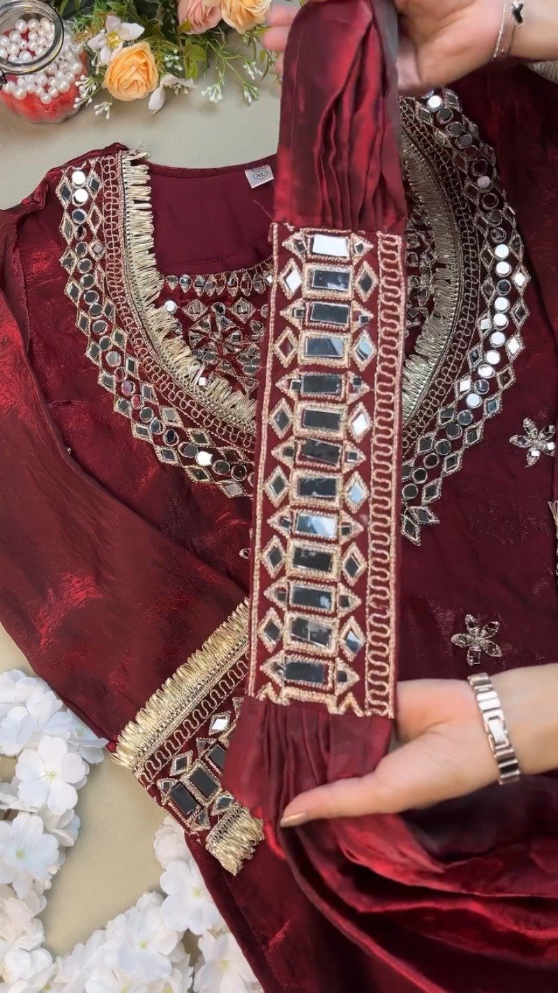 Royal Maroon Mirror-Work Festive Kurta Set