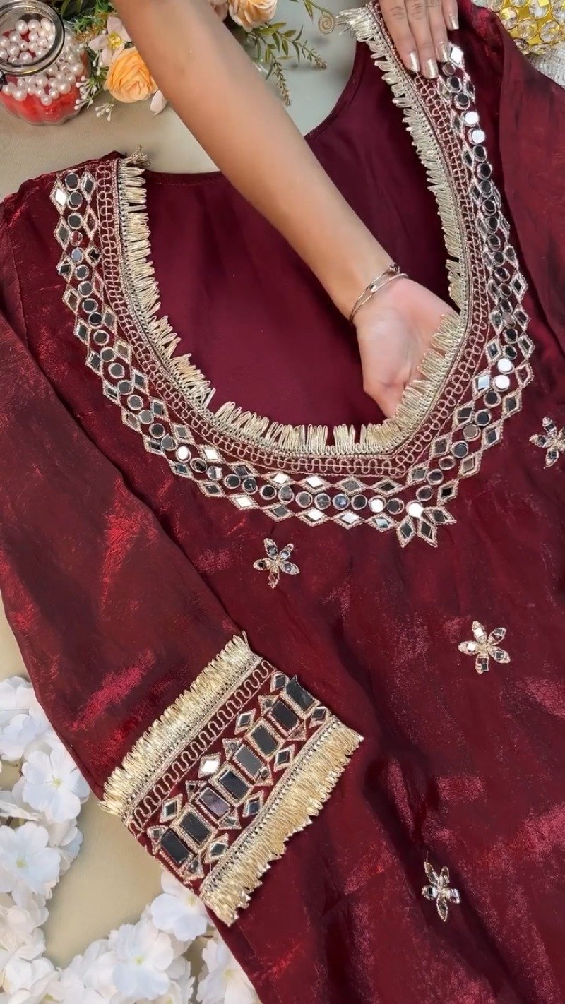 Royal Maroon Mirror-Work Festive Kurta Set - Image 2