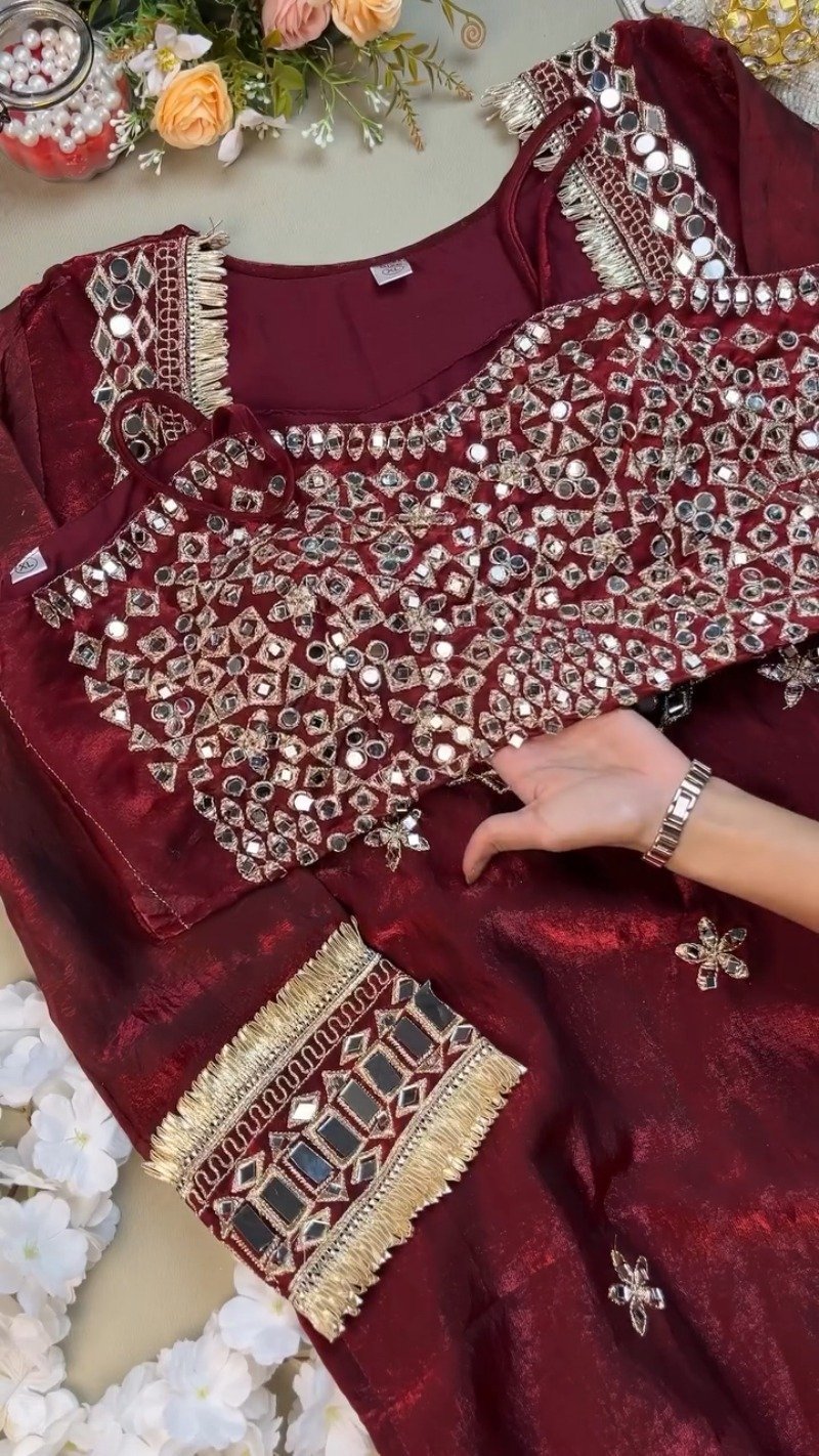 Royal Maroon Mirror-Work Festive Kurta Set - Image 3