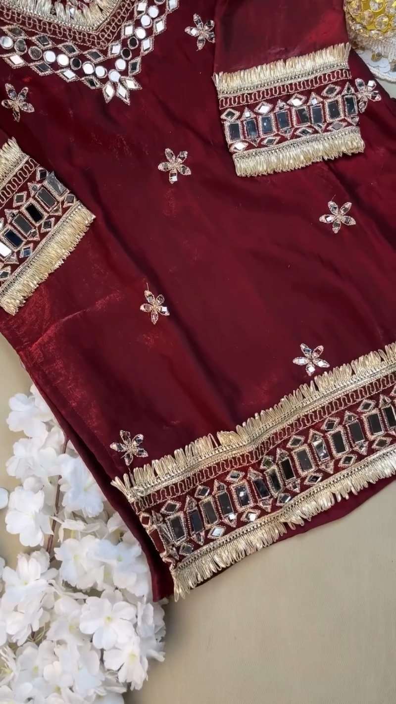 Royal Maroon Mirror-Work Festive Kurta Set - Image 5
