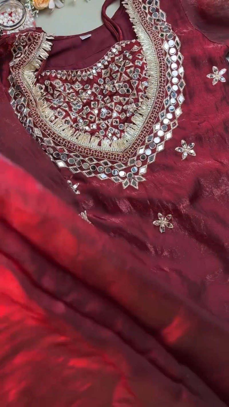 Royal Maroon Mirror-Work Festive Kurta Set - Image 6