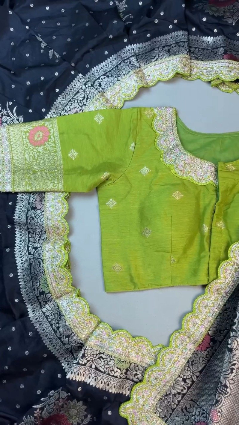 Midnight Bloom Banarasi Silk Saree with Contrast Embroidered Blouse – Available in Midnight Black & Lime Green