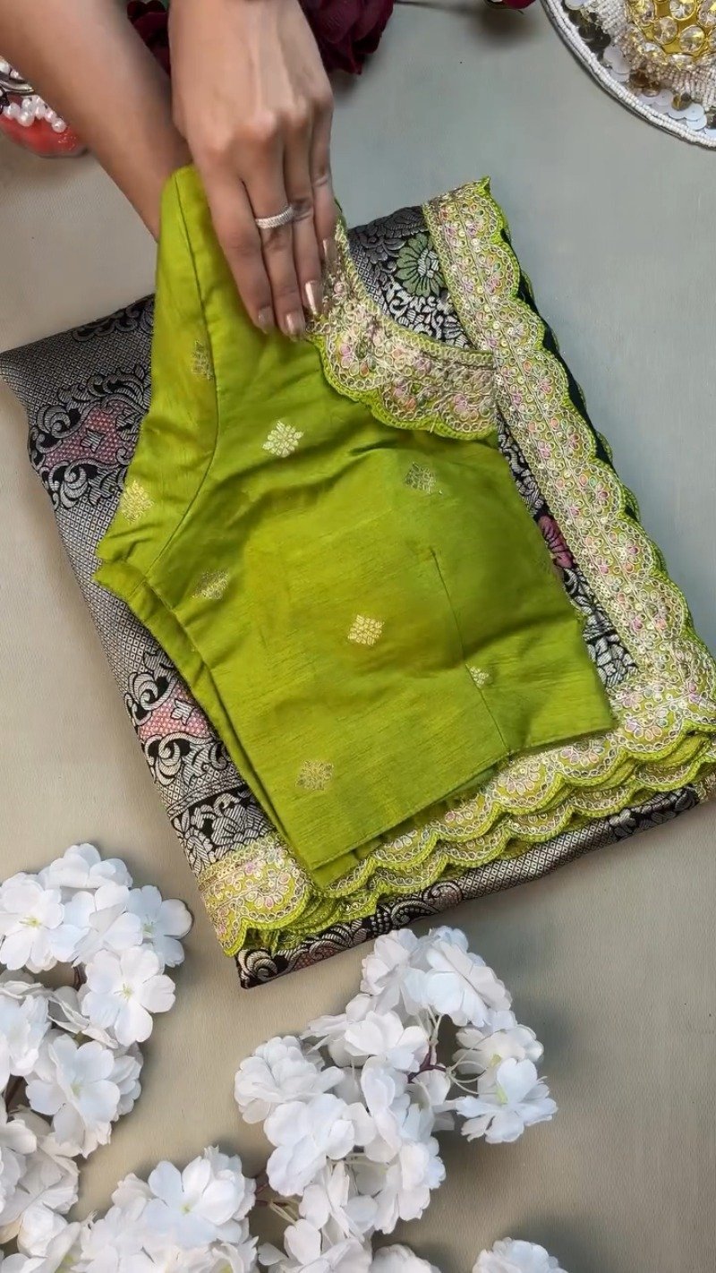 Midnight Bloom Banarasi Silk Saree with Contrast Embroidered Blouse – Available in Midnight Black & Lime Green - Image 2